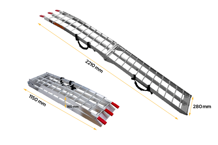 Rampas dobráveis UNITRAILER ALR002 em alumínio para reboques, 221 cm, 680 kg, com cinta, conjunto de 2 unidades.