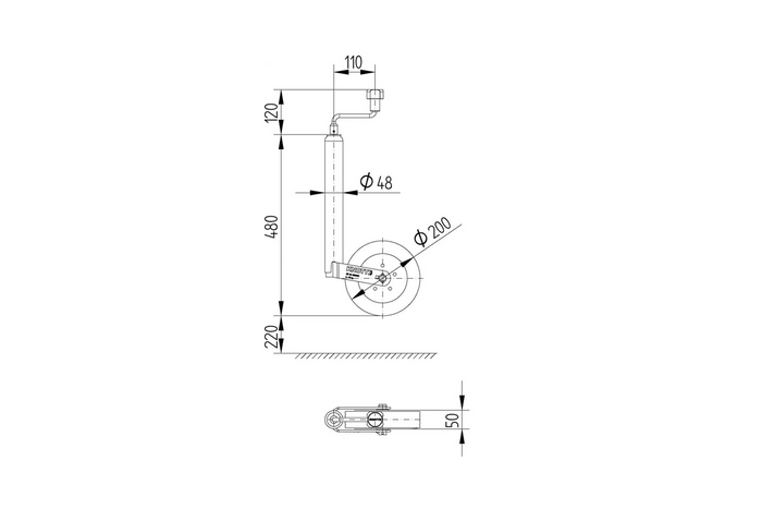 Roda guia com braçadeira de ferro fundido KNOTT TK48+LBG48 150kg 48mm 480-700mm