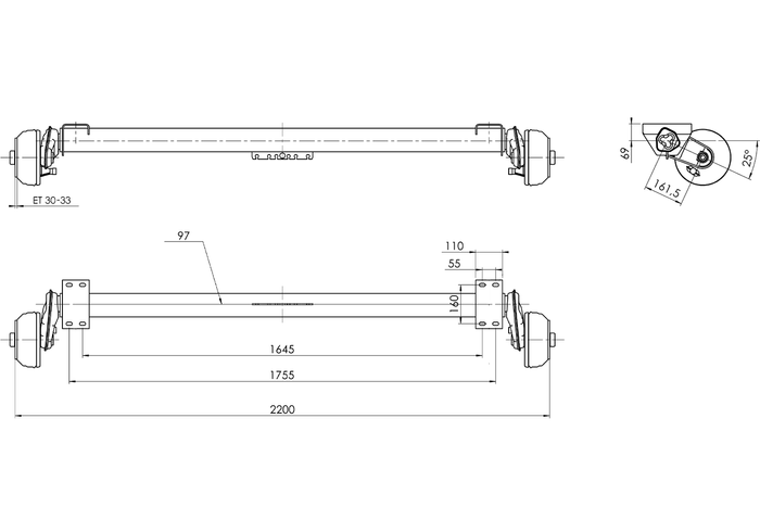 Eixo freio AL-KO COMPACT para reboque de barco 1350kg 1645/1755mm 2200mm 5x112