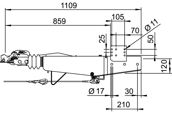 Dispositivo de avanço AL-KO 2.8VB1 com engate AK351 para reboque de 3.500 kg com barra de tração quadrada